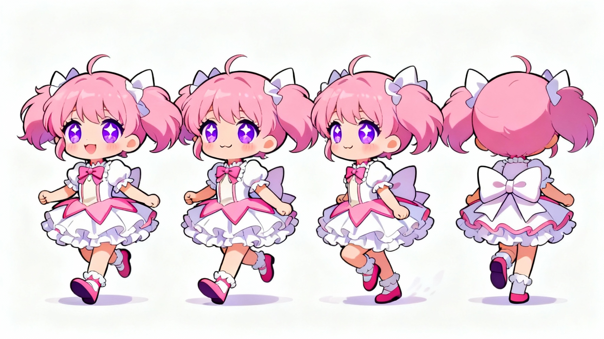 A sequence of four illustrations demonstrating a walk cycle for a cute chibi magical girl with pink hair, set against a plain white background.