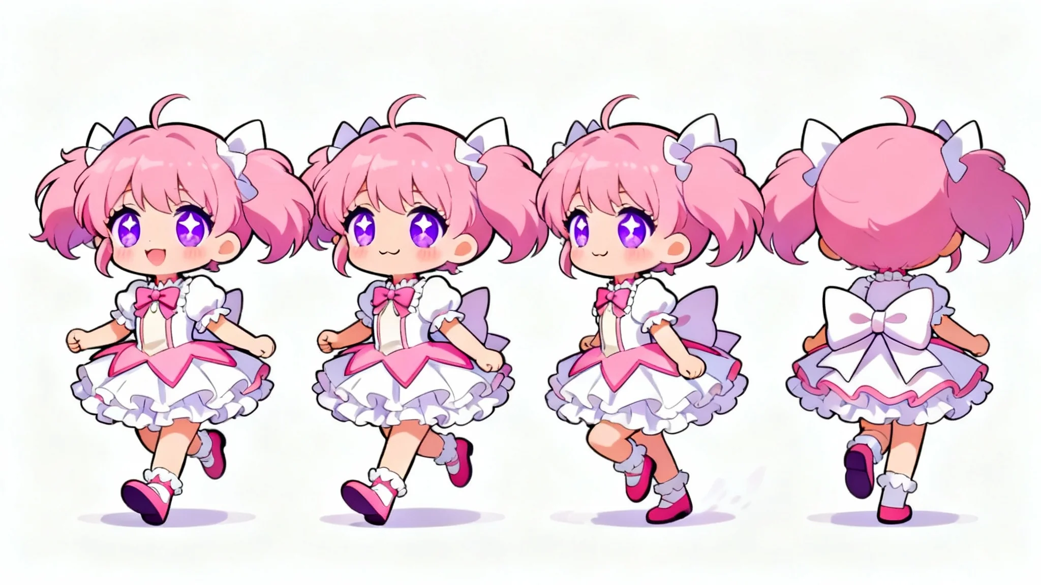 A sequence of four illustrations demonstrating a walk cycle for a cute chibi magical girl with pink hair, set against a plain white background.