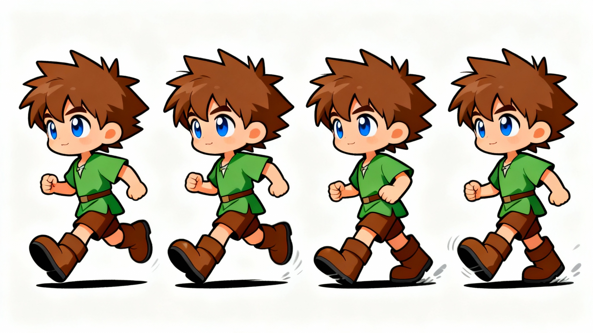 An illustration of a chibi character's walk cycle, showing four sequential frames of the character walking from left to right on a white background.
