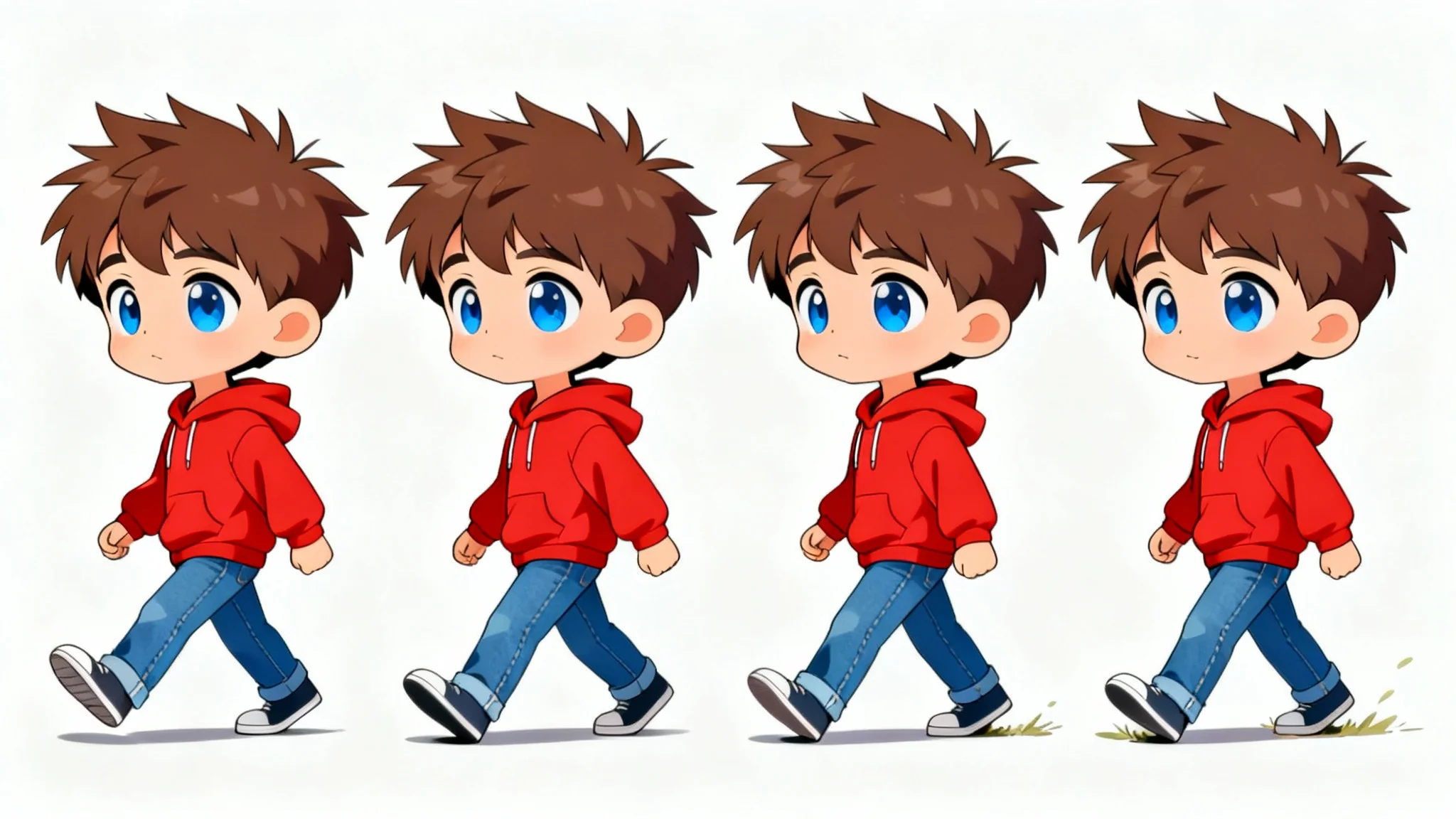 An illustration of a cute chibi character's walk cycle, showing four sequential poses of the character walking against a white background.