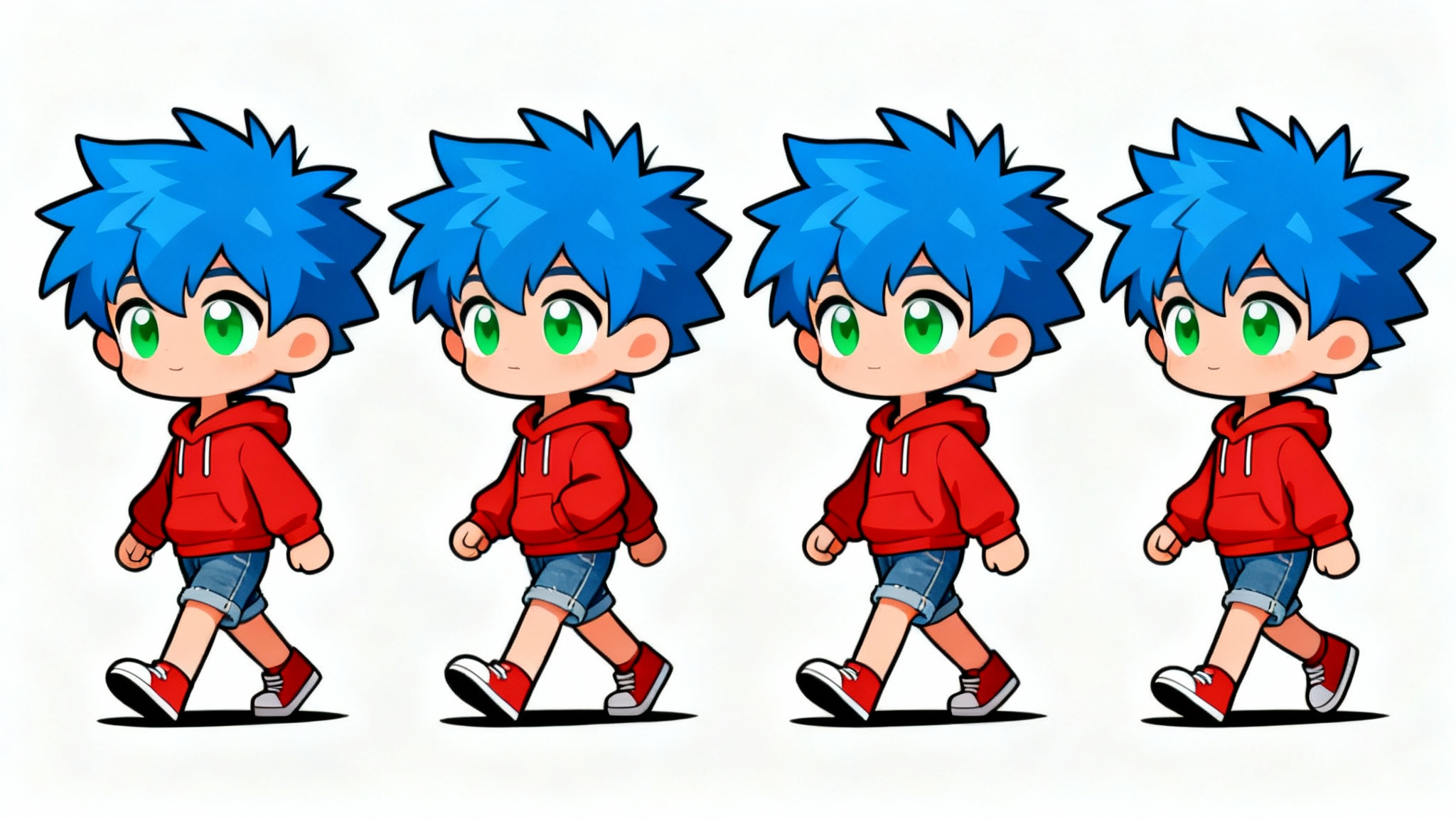 A sequence of four keyframes illustrating a chibi character's walk cycle, showing the character in different stages of a step against a plain white background.