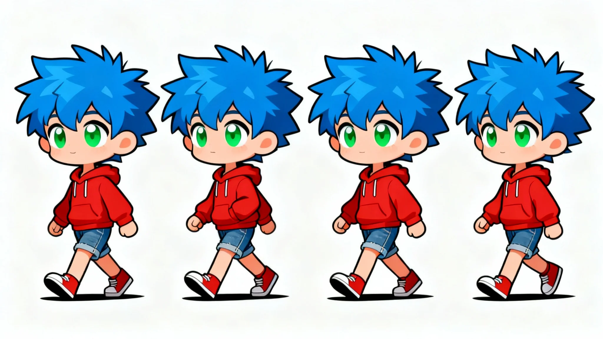 A sequence of four keyframes illustrating a chibi character's walk cycle, showing the character in different stages of a step against a plain white background.