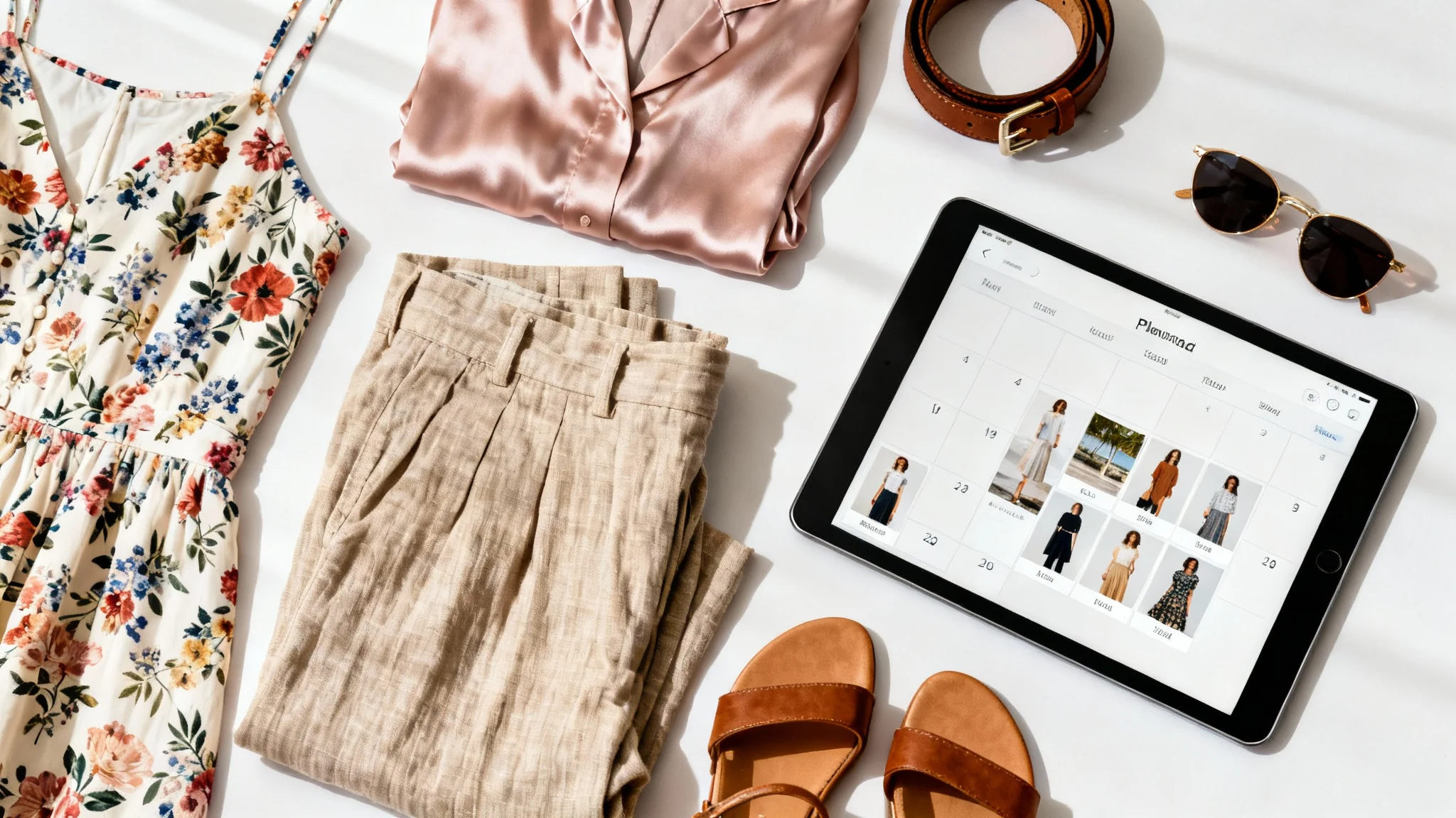 A top-down view of several planned outfits and a tablet, all neatly arranged on a white surface. The outfits include a dress, pants, a blouse, and accessories, suggesting a stylish wardrobe. The tablet shows a calendar app with the outfits organized by day.