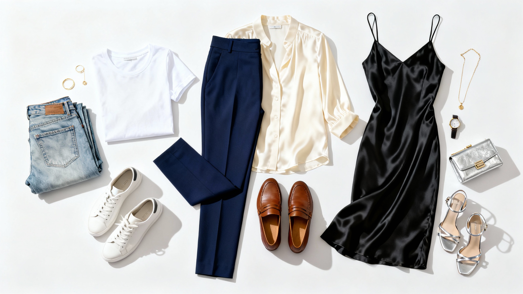 A top-down view of three stylish outfits laid out on a white background: a casual jeans and t-shirt look, a professional blouse and trousers combination, and an elegant black dress for evening.
