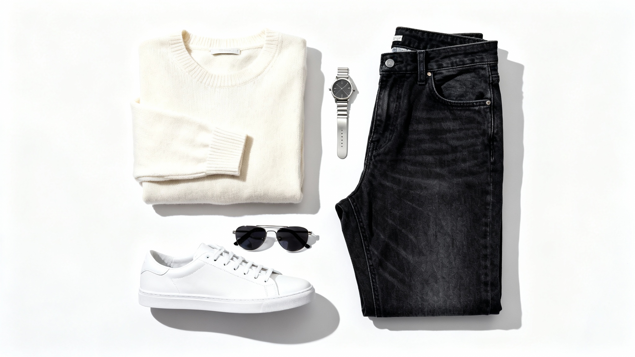 A top-down view of a stylishly planned outfit laid flat on a white background, including a cream sweater, dark jeans, white sneakers, a watch, and sunglasses.