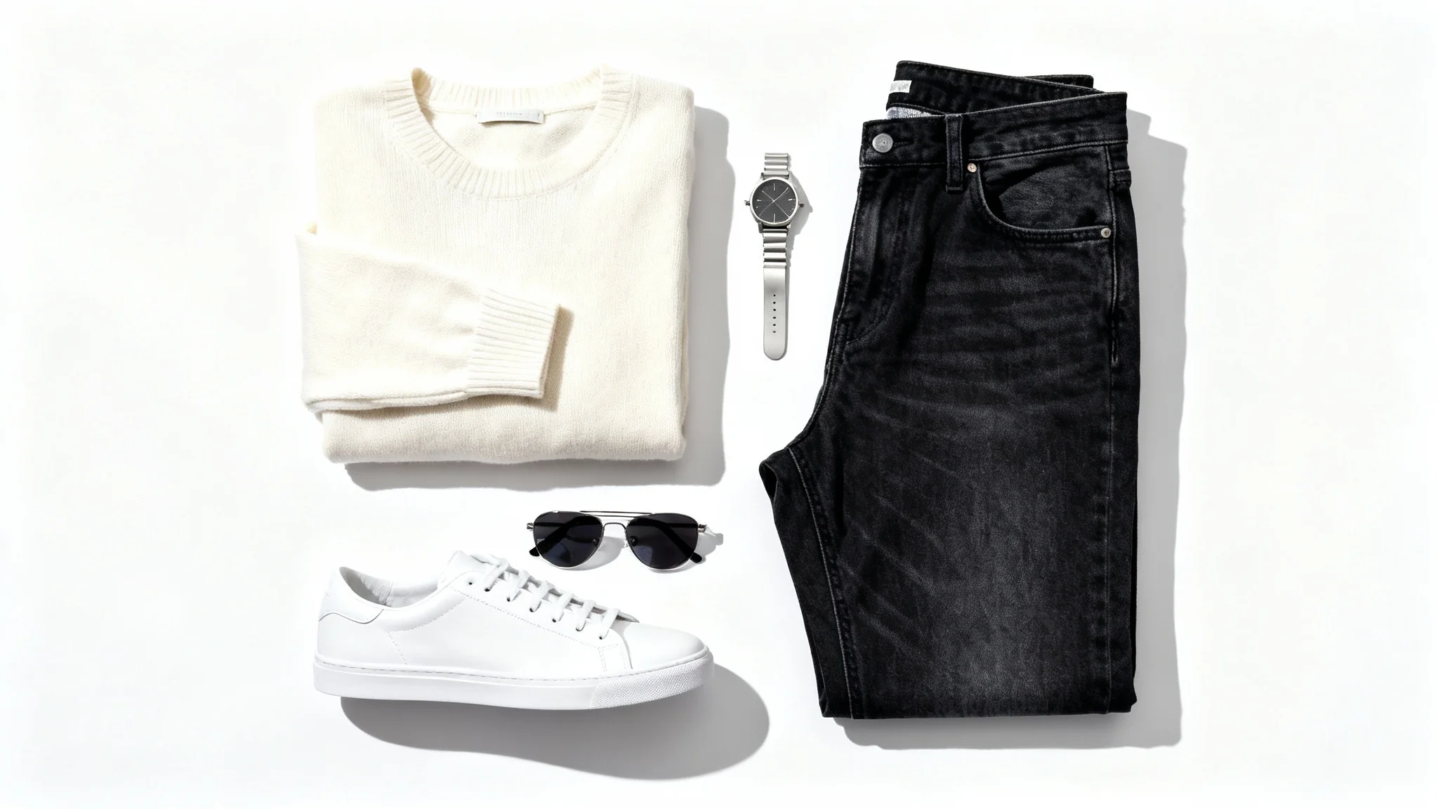 A top-down view of a stylishly planned outfit laid flat on a white background, including a cream sweater, dark jeans, white sneakers, a watch, and sunglasses.
