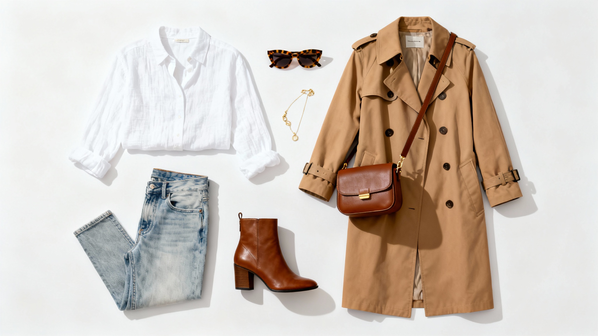 A neatly arranged flat lay of a women's outfit on a white background, including jeans, a white shirt, a trench coat, and brown leather accessories.