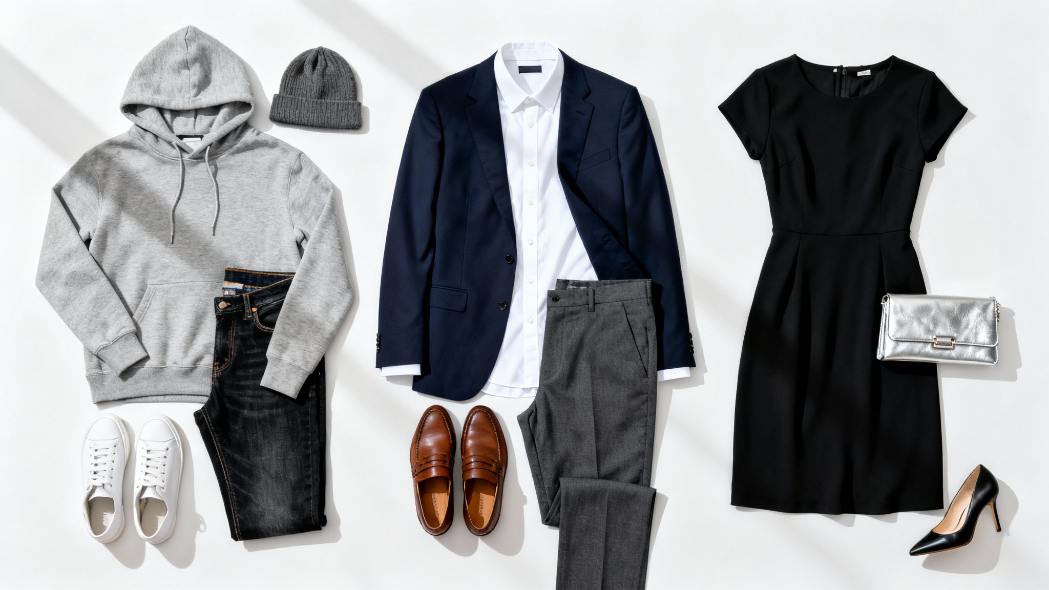 A flat lay image displaying three complete, planned outfits neatly arranged on a white background: a casual outfit, a business outfit, and an evening outfit.