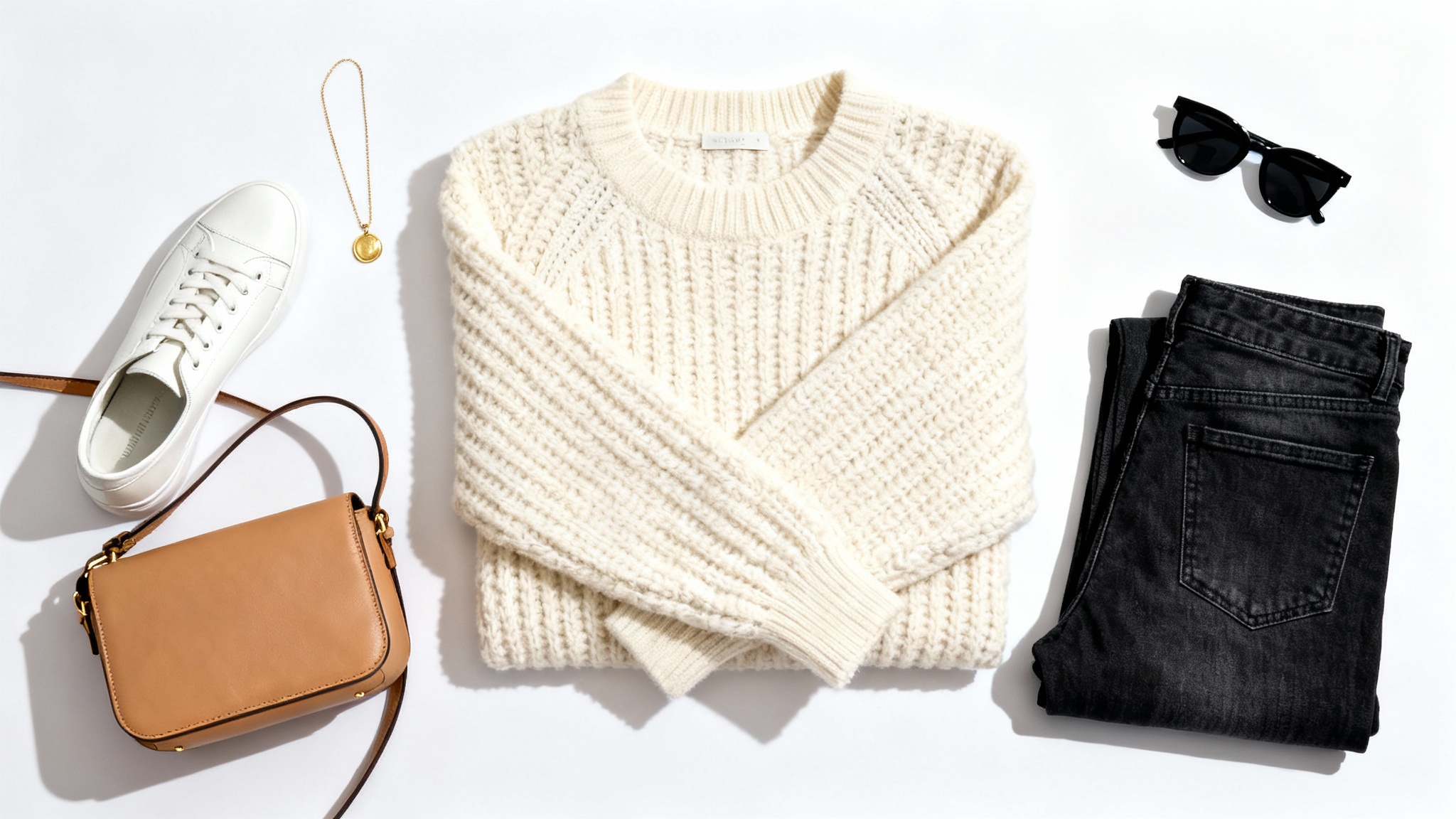 A neatly organized flat lay of a women's casual outfit on a white background, including a cream sweater, dark jeans, white sneakers, and a tan leather bag, representing a planned outfit.