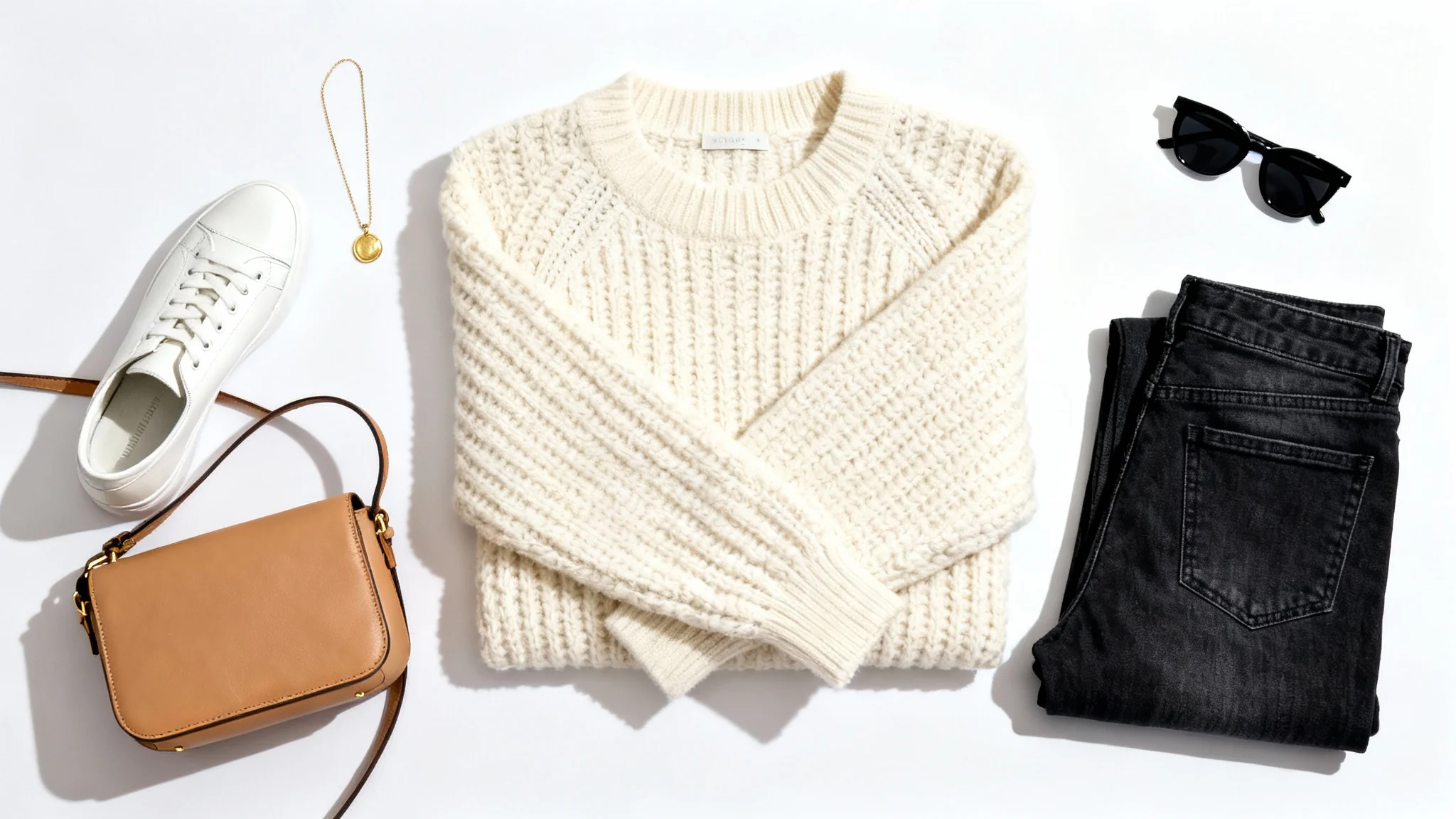 A neatly organized flat lay of a women's casual outfit on a white background, including a cream sweater, dark jeans, white sneakers, and a tan leather bag, representing a planned outfit.