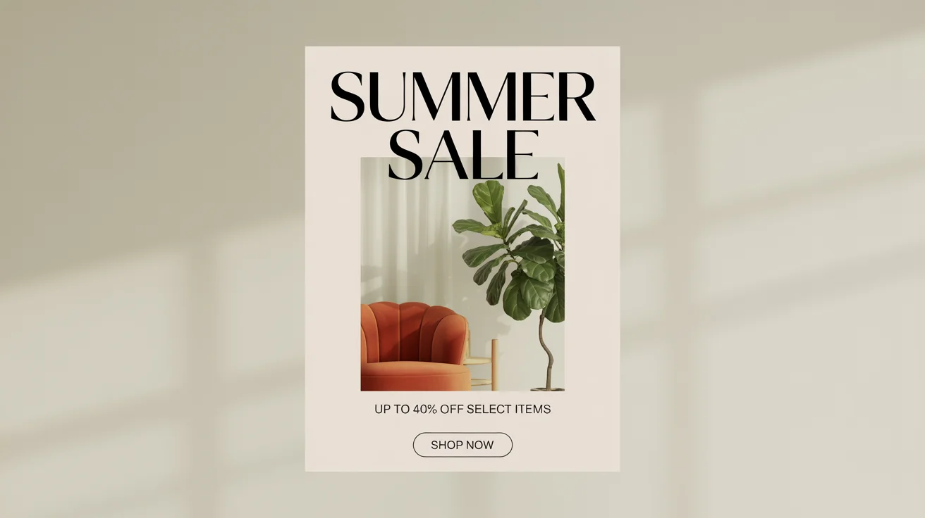 A professionally designed social media flyer for a home decor summer sale, showing a picture of a stylish living room and text that reads 'SUMMER SALE, Up to 40% Off'.