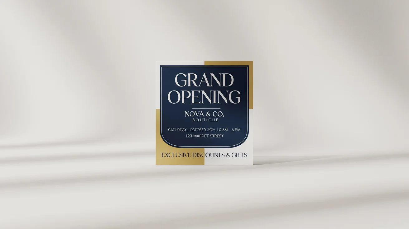 A mockup of a chic and modern social media flyer for the grand opening of 'Nova & Co. Boutique'. The design uses navy blue, gold, and white, and lists the event date and address against a plain white background.