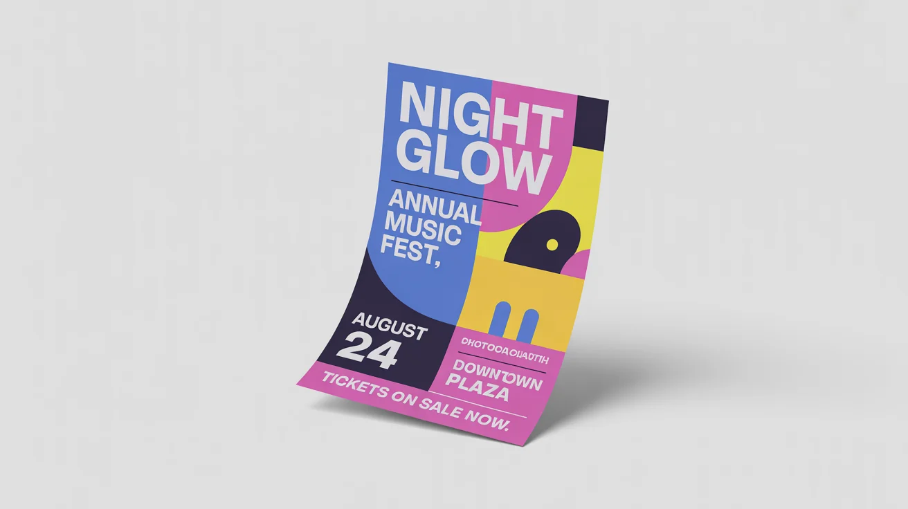 A professionally designed social media flyer mockup for a music festival called 'Night Glow'. The square flyer features a vibrant design with blue, magenta, and yellow geometric shapes, set against a clean white background.