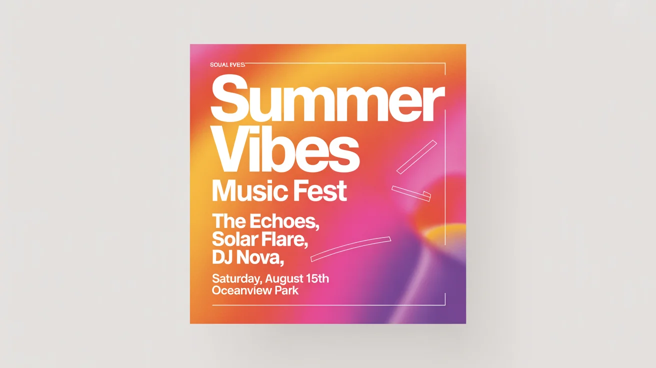 A modern social media flyer mockup for a 'SUMMER VIBES MUSIC FEST'. The design uses a vibrant orange and purple gradient background with bold white text and is displayed on a plain white surface.