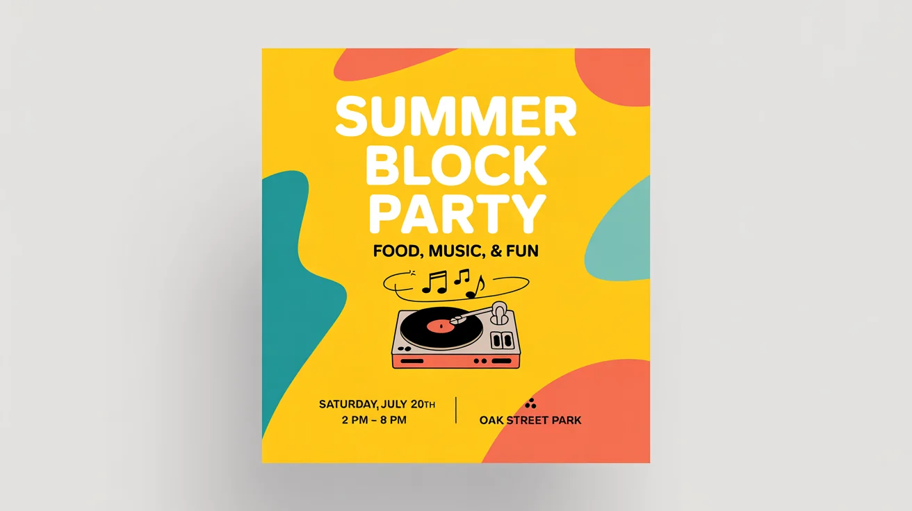 A mockup of a bright and colorful social media flyer for a 'Summer Block Party', featuring modern graphics and event details on a white background.