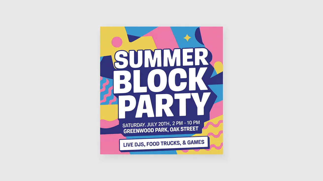 A mockup of a colorful social media flyer for a 'Summer Block Party' event, featuring bold text and geometric shapes on a white background.