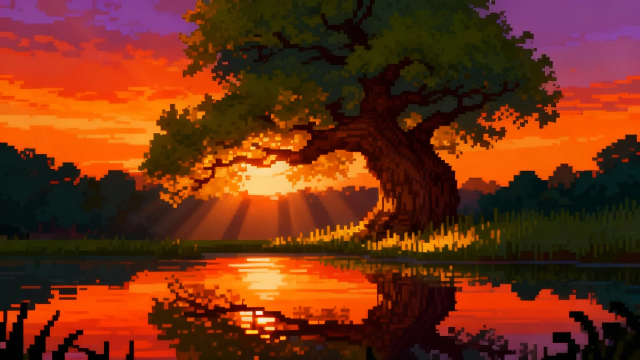 A stunning 16:9 pixel art landscape demonstrating expert shading. A large, stylized tree is illuminated by dramatic sunset lighting, with god rays filtering through its leaves. A calm pond perfectly reflects the vibrant sky and the tree. The intricate use of light, shadow, and dithering creates a deep, atmospheric, and magical scene.