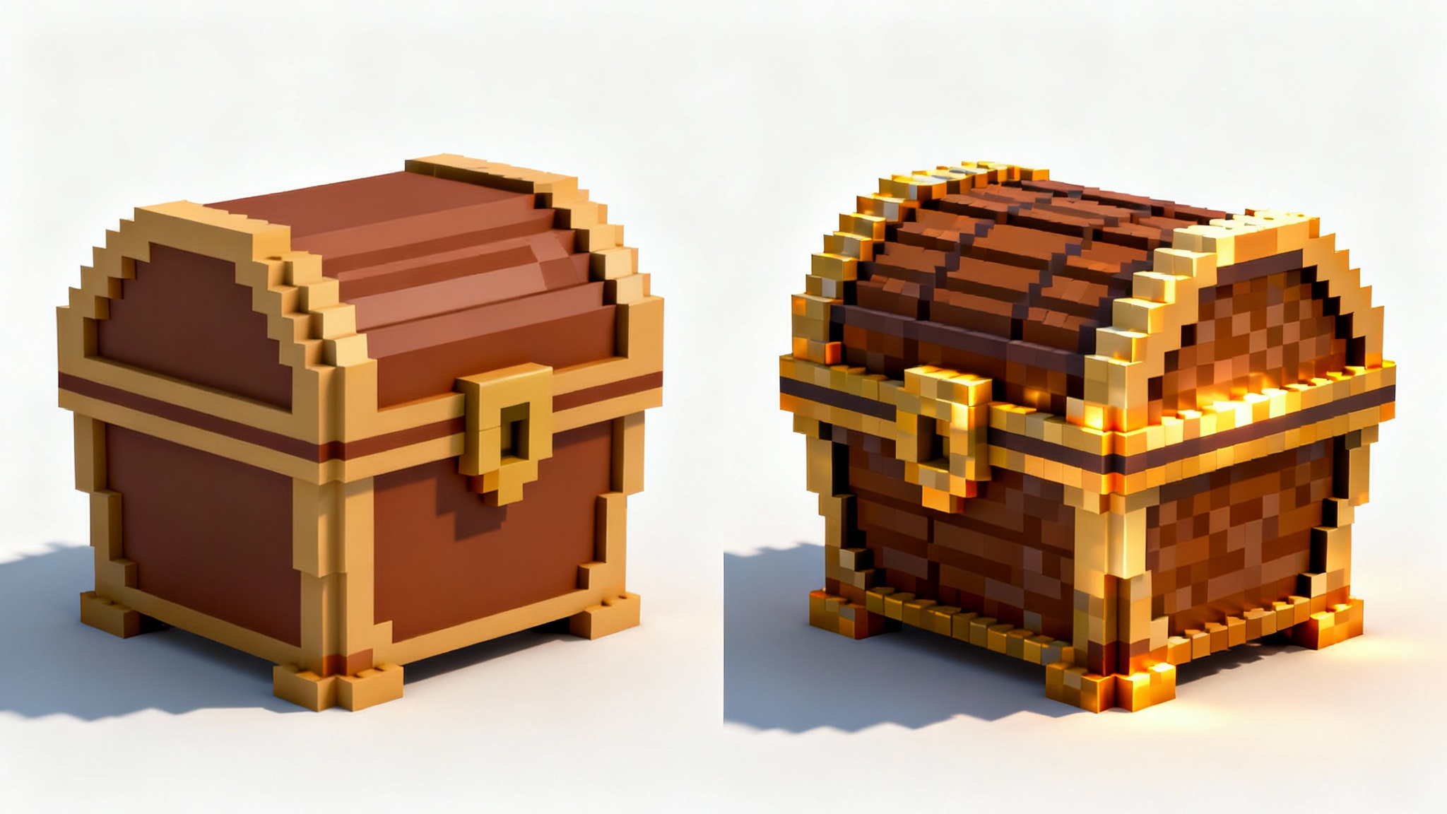 A side-by-side comparison illustrating pixel art shading. On the left is a flat, 2D pixel art treasure chest, and on the right is the same chest with detailed shading, giving it a 3D appearance.