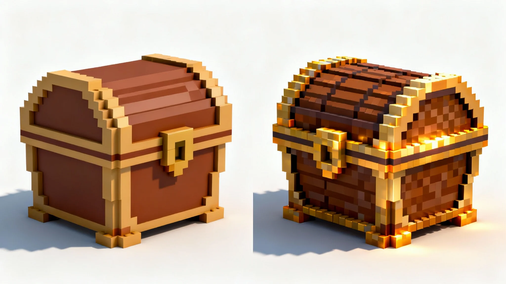A side-by-side comparison illustrating pixel art shading. On the left is a flat, 2D pixel art treasure chest, and on the right is the same chest with detailed shading, giving it a 3D appearance.