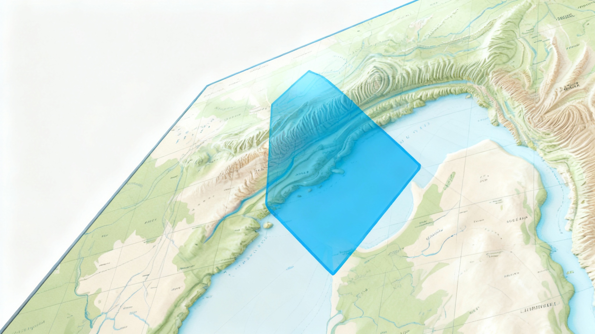A digital map of a city district with a bright blue, semi-transparent polygon drawn over it, highlighting a specific area as the final result of a design tool.