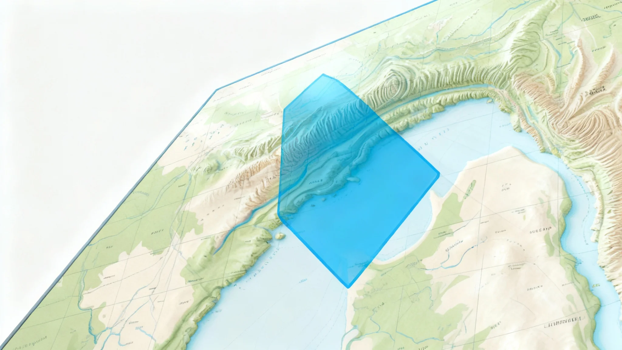 A digital map of a city district with a bright blue, semi-transparent polygon drawn over it, highlighting a specific area as the final result of a design tool.