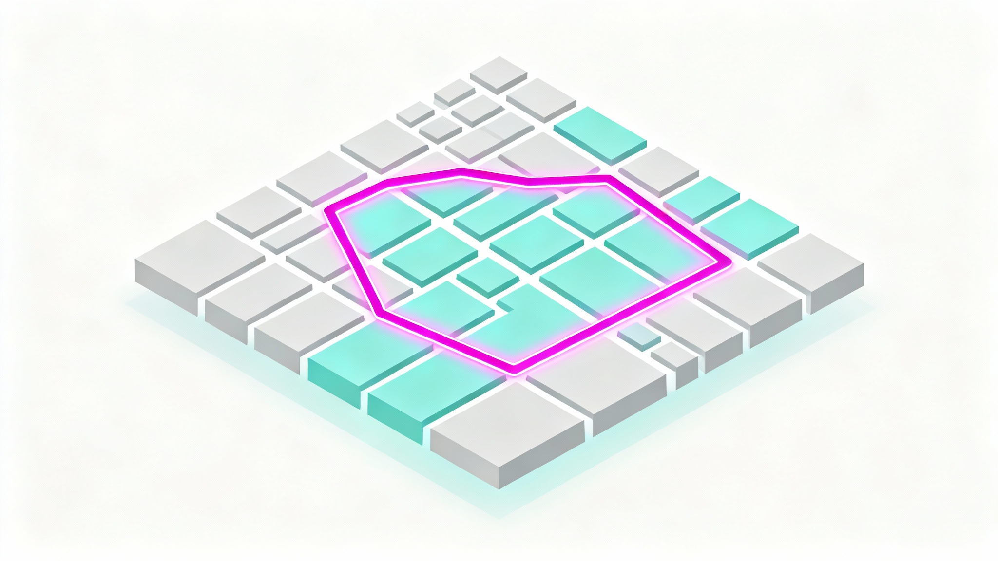 A stylized 3D map with a highlighted magenta polygon defining a specific area, symbolizing the ability to draw a custom shape on a map.