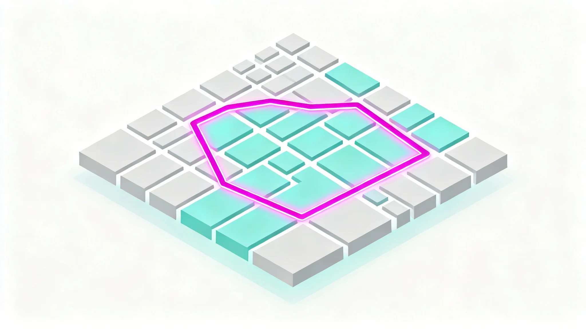 A stylized 3D map with a highlighted magenta polygon defining a specific area, symbolizing the ability to draw a custom shape on a map.