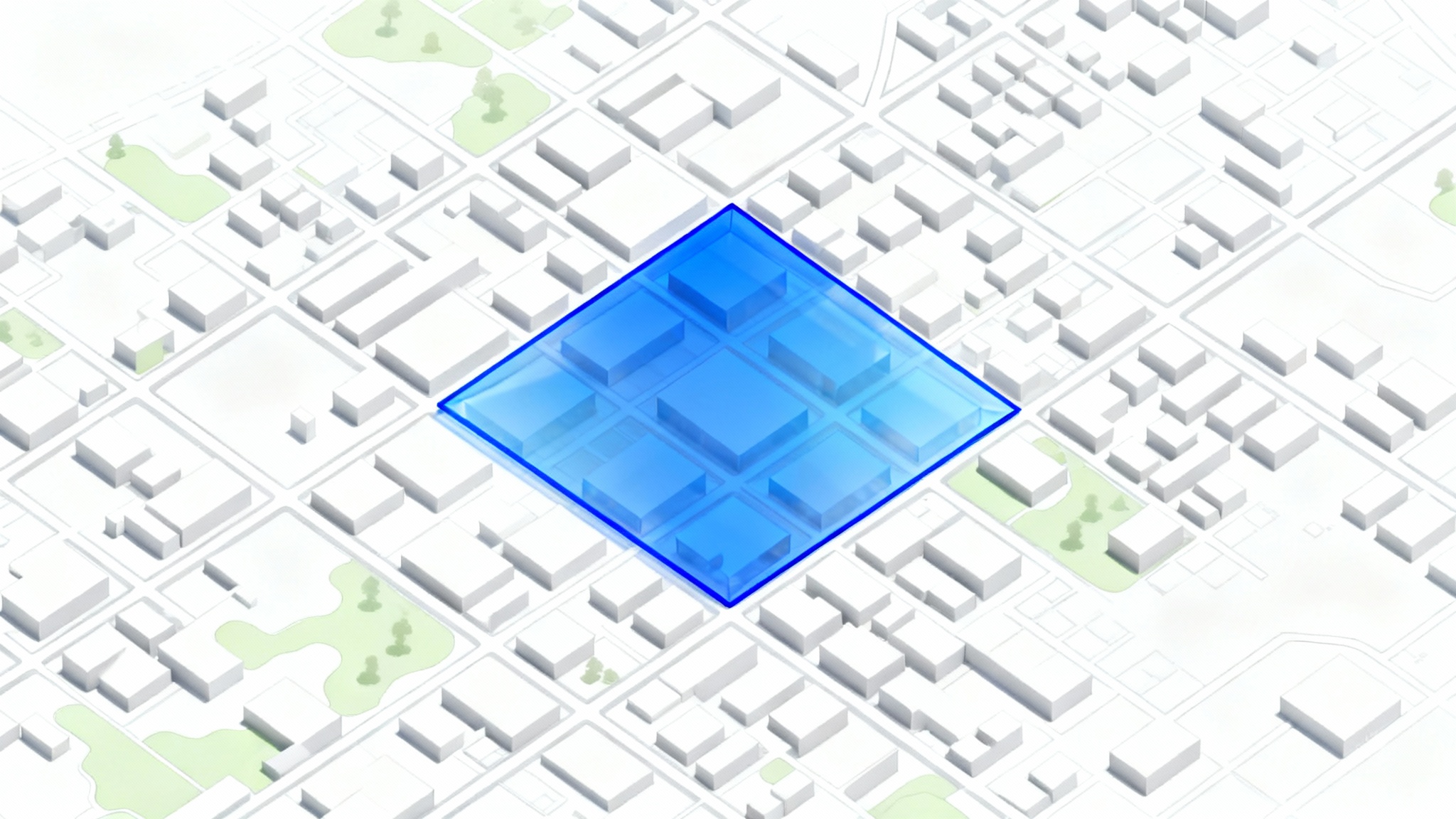 A stylized top-down view of a city map on a white background, with a bright blue translucent polygon highlighting a specific neighborhood.