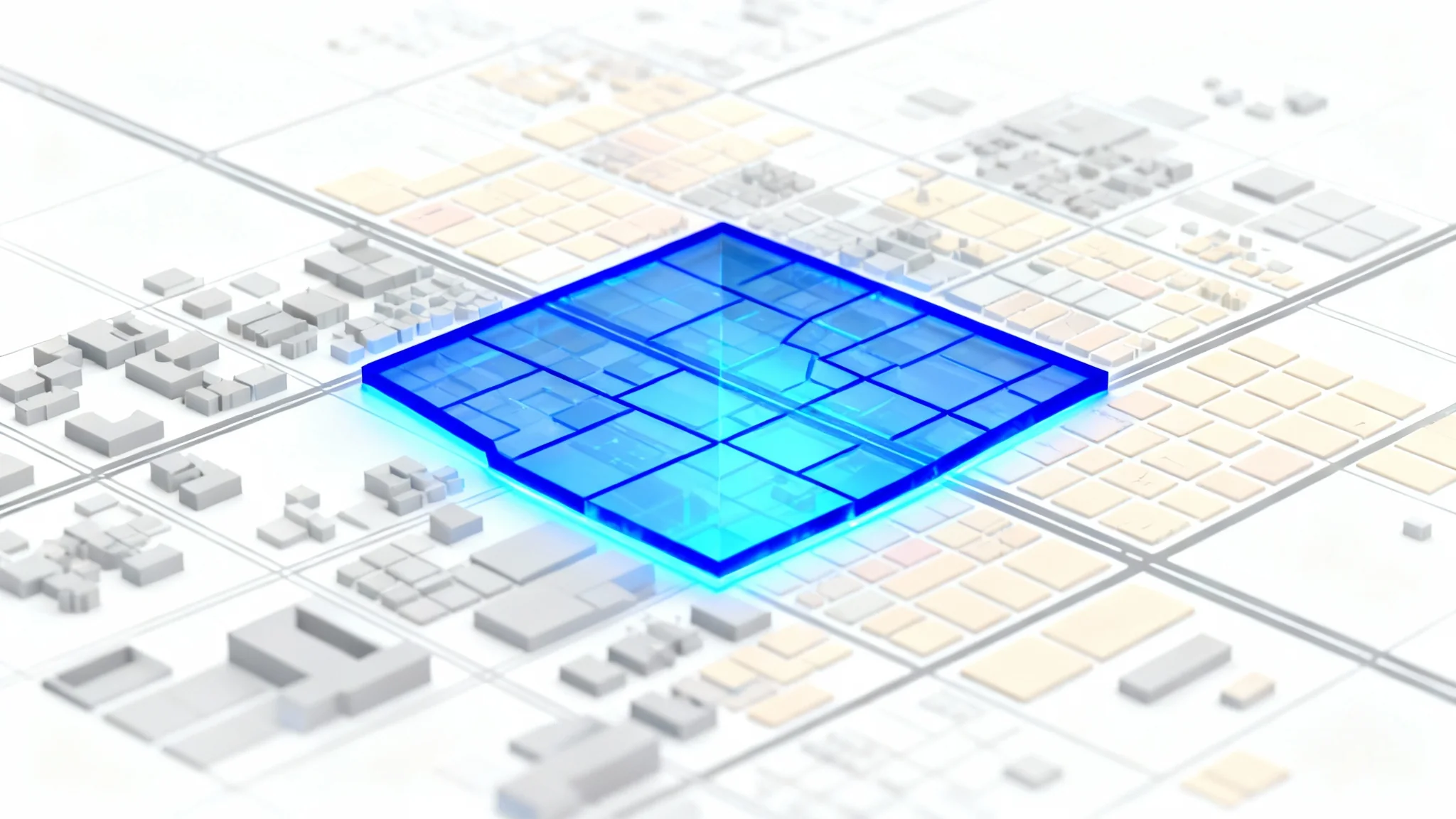 A stylized map of a city with a glowing blue polygon drawn over a specific neighborhood, representing area selection on a map.