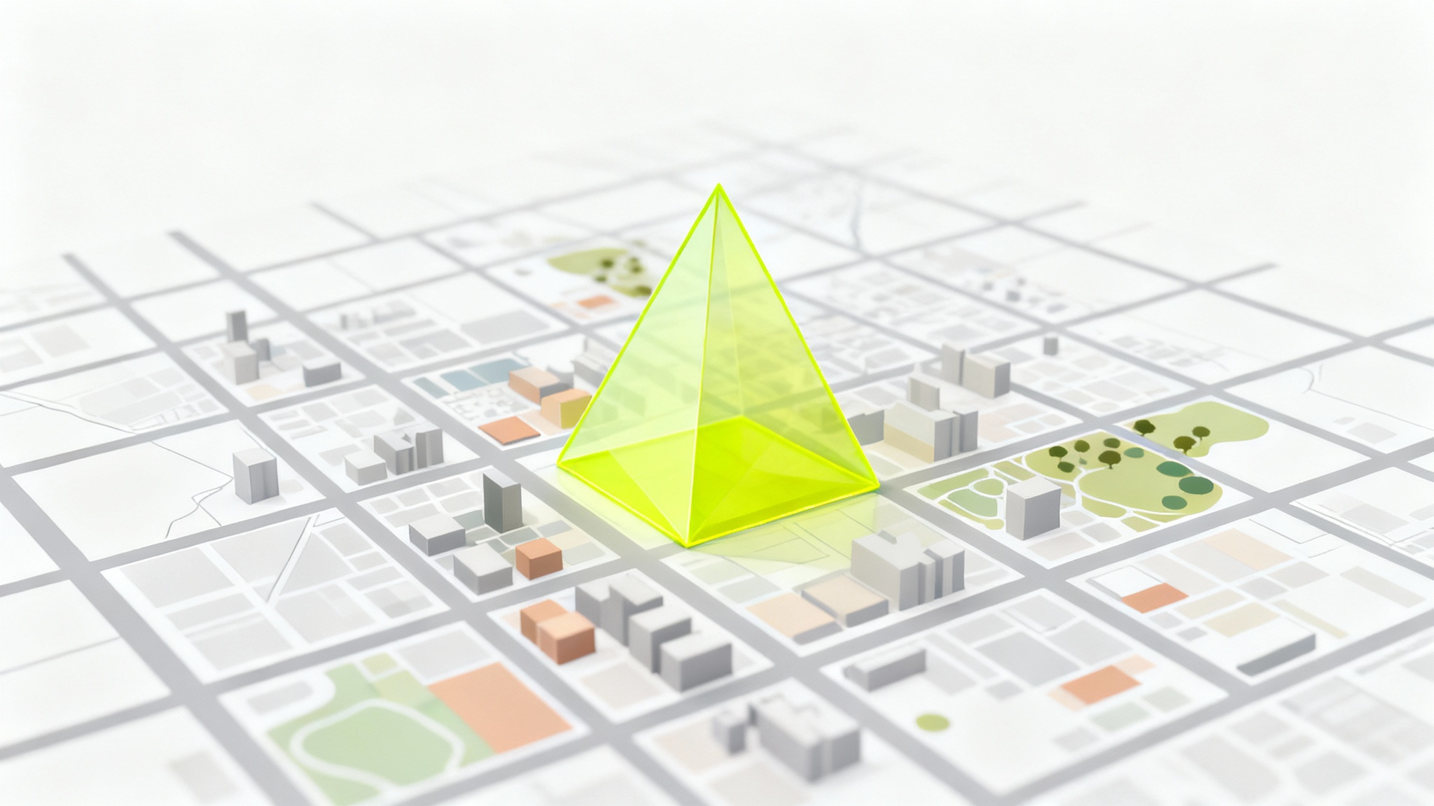 A modern digital map displaying a city grid, with a vibrant, semi-transparent polygon highlighting a specific geographical area, set against a white background.