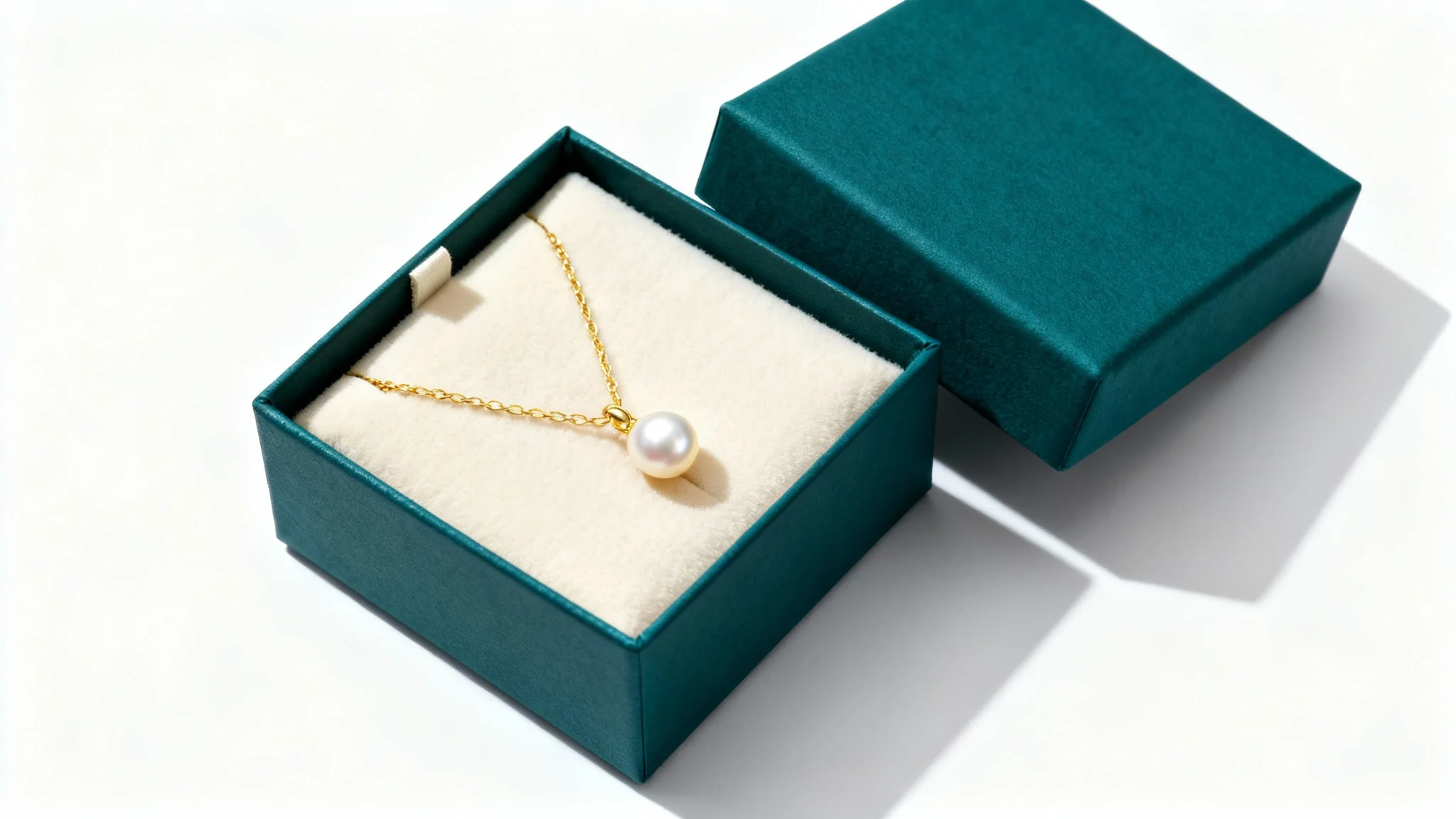 A luxurious deep teal jewelry gift box, open to reveal a delicate gold and pearl necklace, set against a stark white background in a professional product shot.