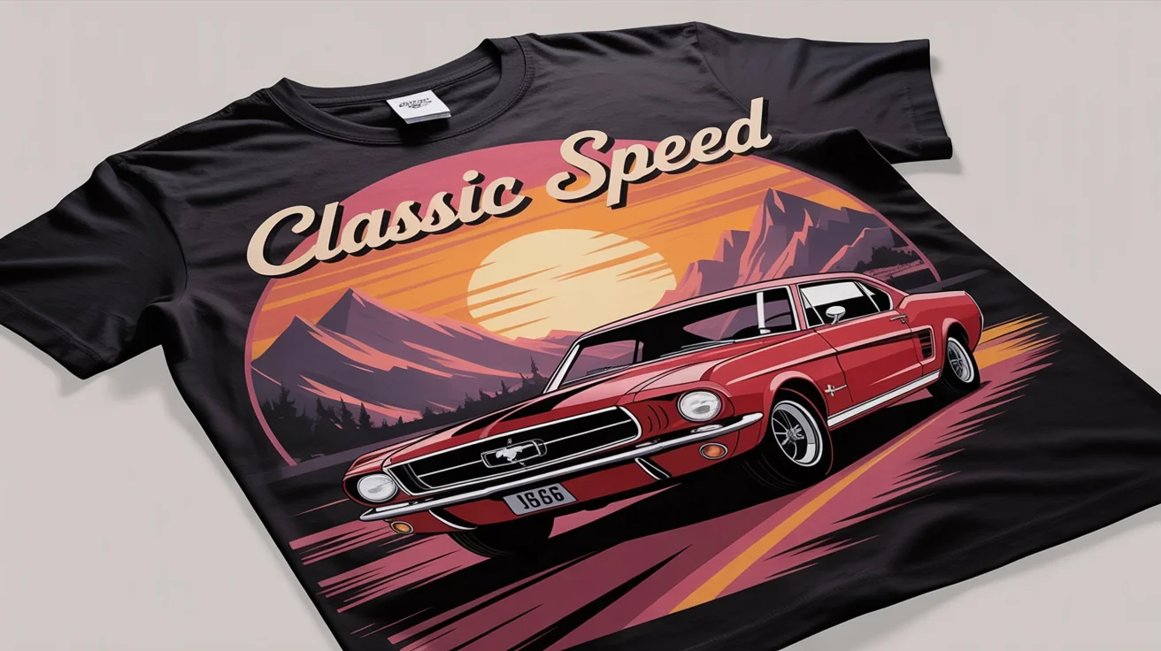 A professional product photograph of a black t-shirt laid flat, featuring a vintage graphic design of a red 1965 Mustang with mountains, a sunset, and the text 'CLASSIC SPEED'.