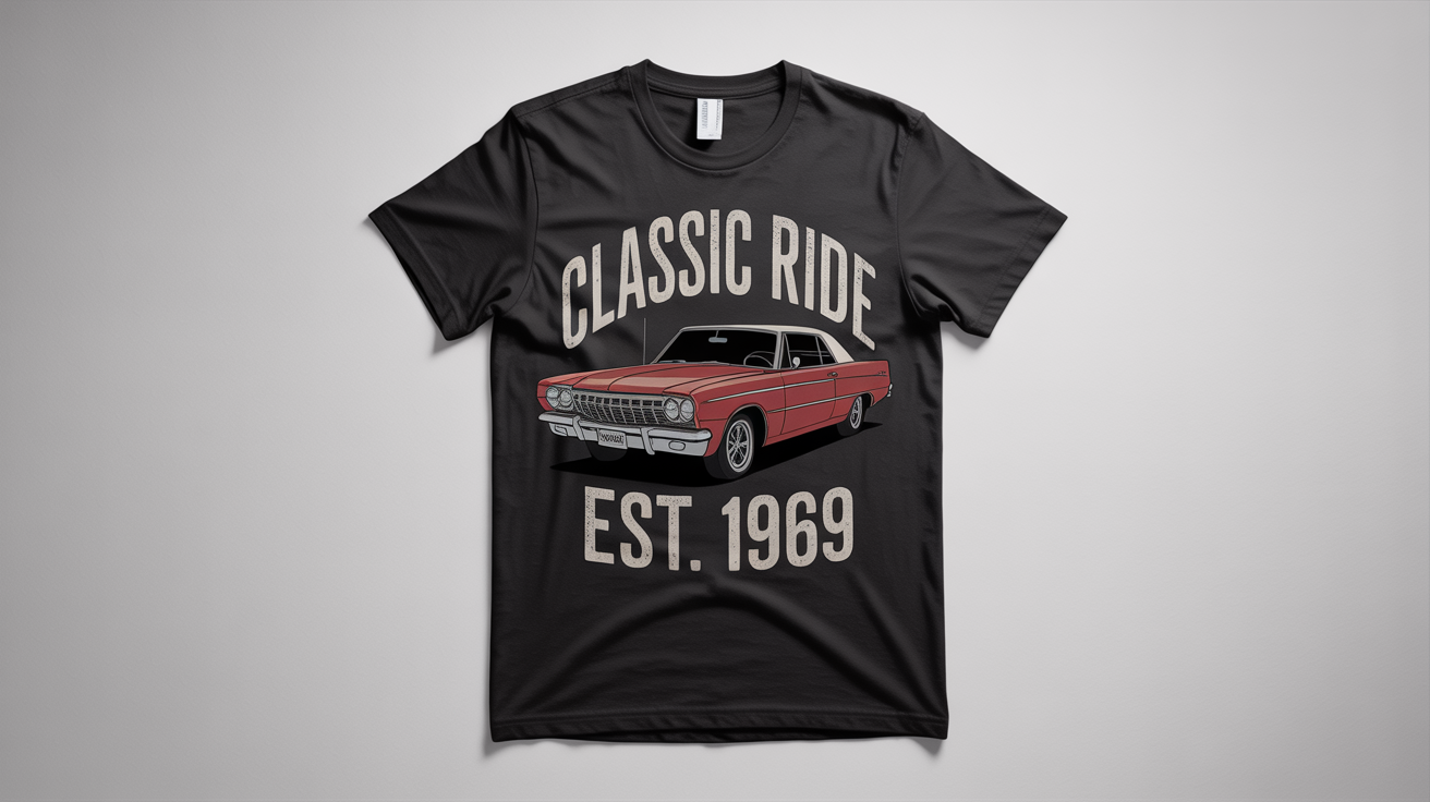 A flat lay photo of a black t-shirt with a vintage design of a red 1960s convertible car and the text 'CLASSIC RIDE EST. 1969'.