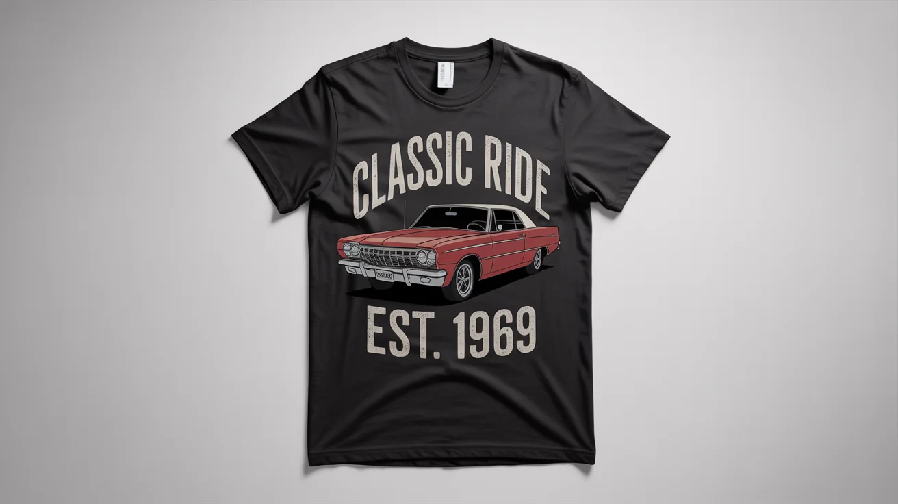 A flat lay photo of a black t-shirt with a vintage design of a red 1960s convertible car and the text 'CLASSIC RIDE EST. 1969'.