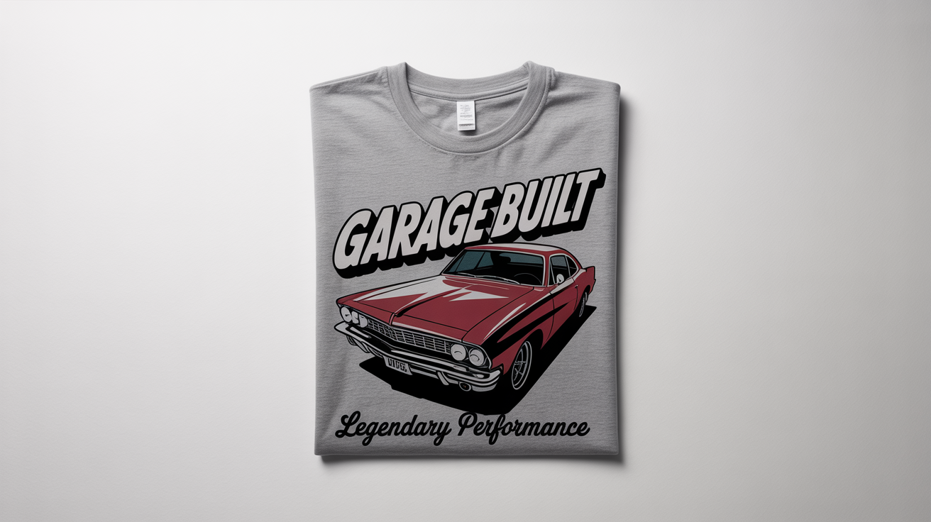 A product mockup of a heather grey t-shirt with a vintage design of a red muscle car. The text on the shirt reads 'GARAGE BUILT' and 'LEGENDARY PERFORMANCE'.