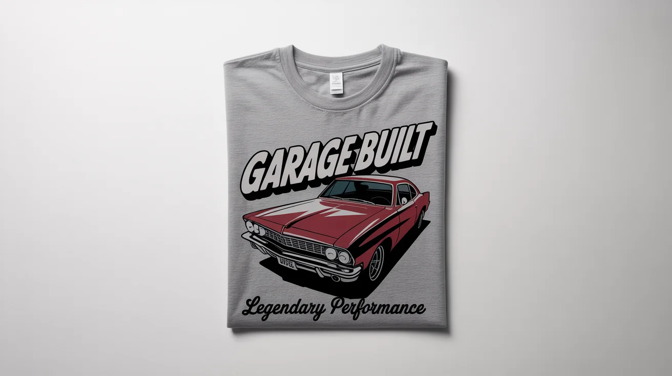 A product mockup of a heather grey t-shirt with a vintage design of a red muscle car. The text on the shirt reads 'GARAGE BUILT' and 'LEGENDARY PERFORMANCE'.
