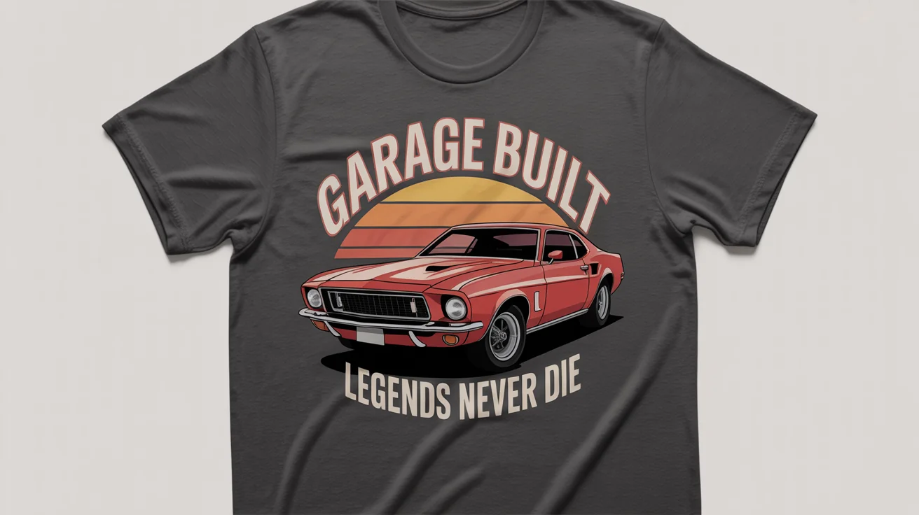 A mockup of a heather grey t-shirt with a vintage design of a red muscle car, featuring the text 'GARAGE BUILT' and 'LEGENDS NEVER DIE'.
