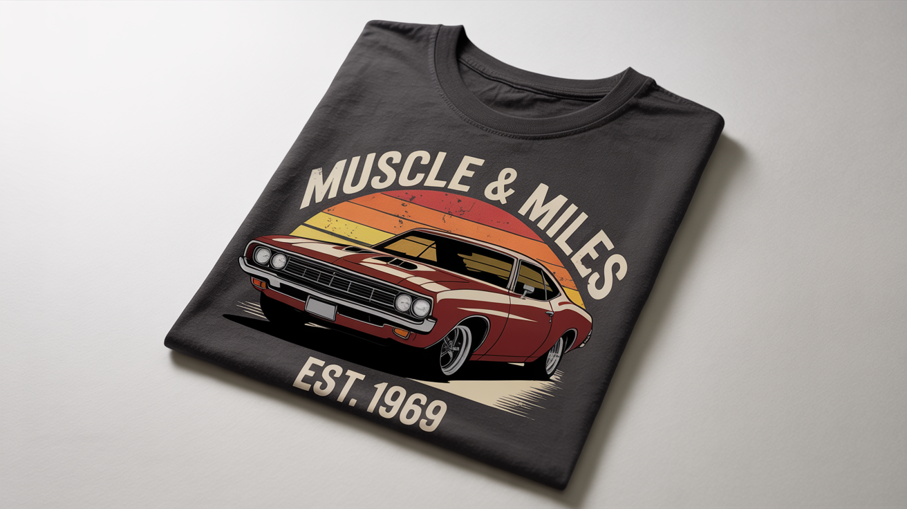 A folded dark gray t-shirt on a white background, featuring a vintage screen-printed design of a red muscle car with the text 'MUSCLE & MILES'.