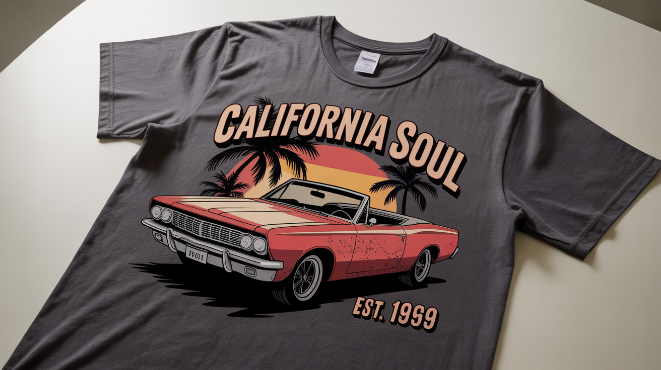 A charcoal gray t-shirt laid flat, featuring a vintage design of a red convertible against a sunset with the text 'California Soul' and 'Est. 1969'.
