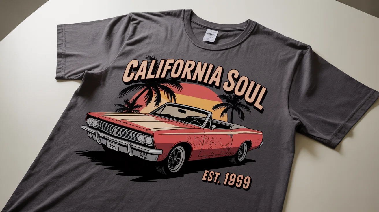 A charcoal gray t-shirt laid flat, featuring a vintage design of a red convertible against a sunset with the text 'California Soul' and 'Est. 1969'.
