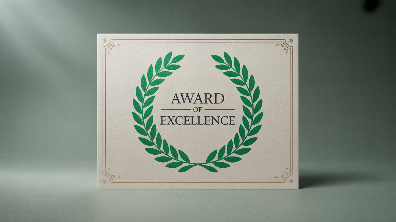 A close-up of a professionally designed award certificate featuring a green laurel wreath surrounding the words 'AWARD OF EXCELLENCE' in elegant typography.
