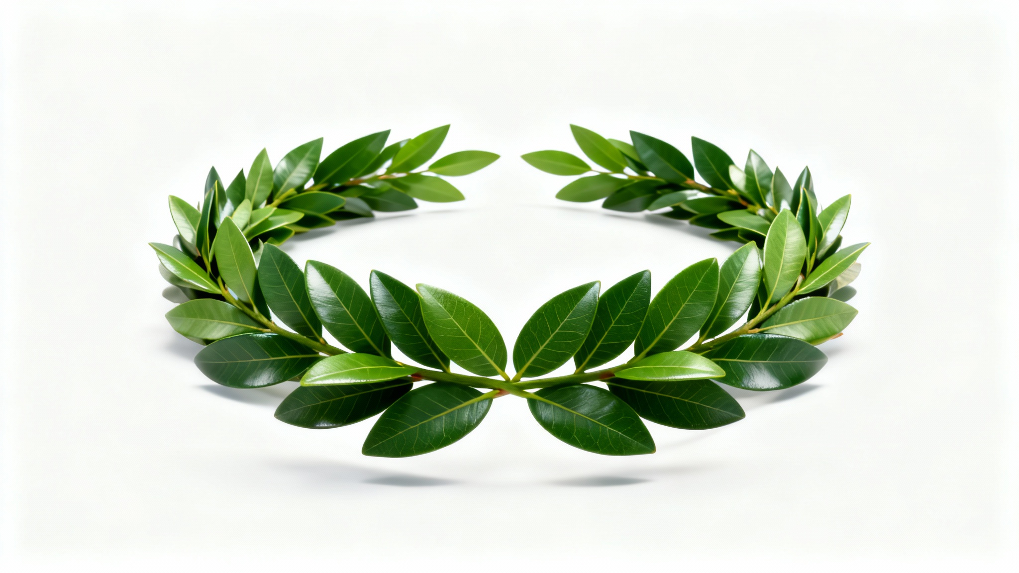 A photorealistic green laurel wreath with detailed leaves, arranged in a perfect circle and isolated on a clean white background.