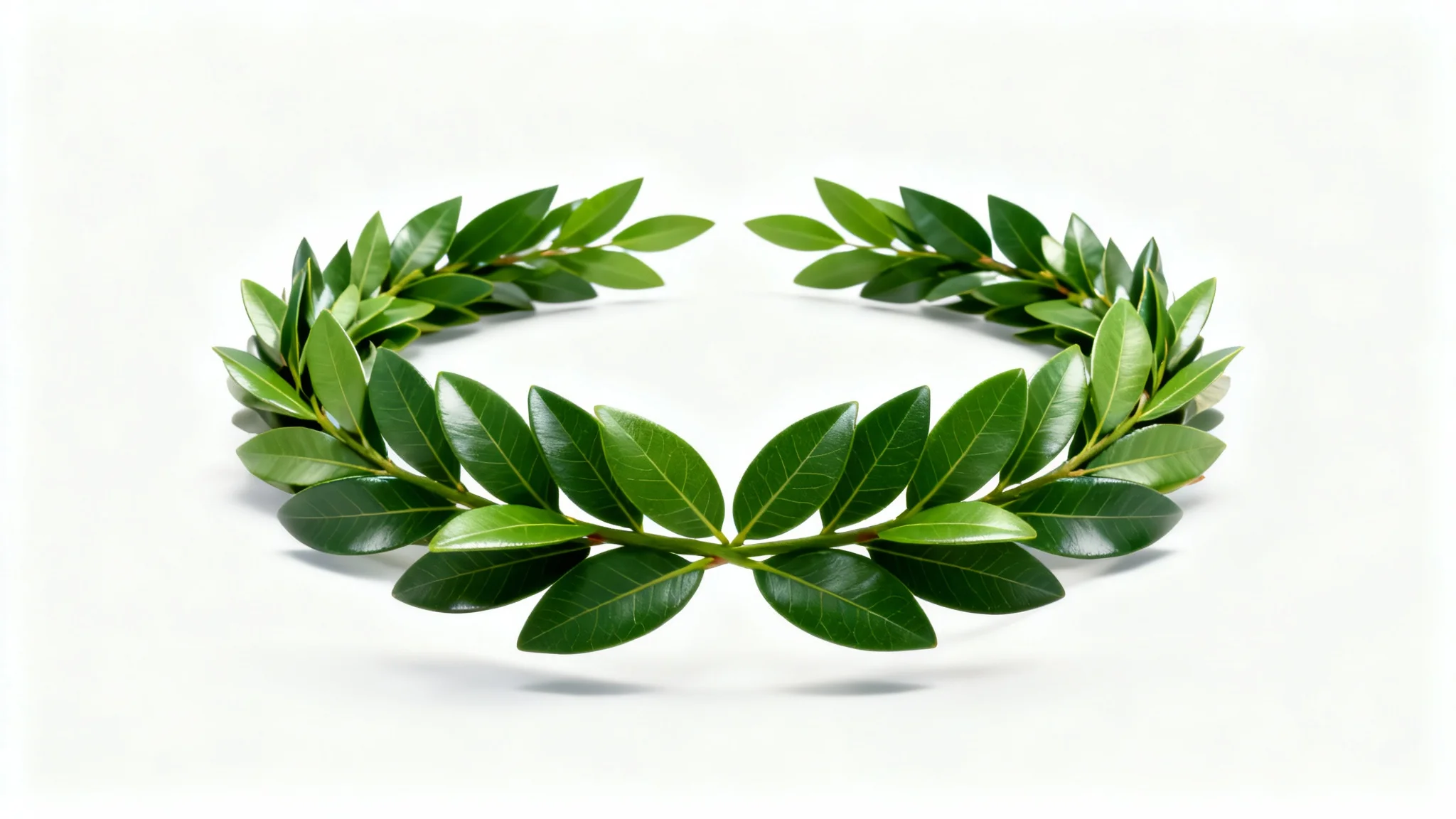A photorealistic green laurel wreath with detailed leaves, arranged in a perfect circle and isolated on a clean white background.