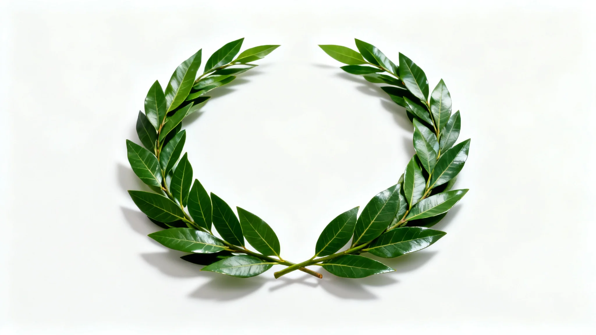 A photorealistic image of a classic, deep green laurel wreath, symbolizing victory, centered on a plain white background.
