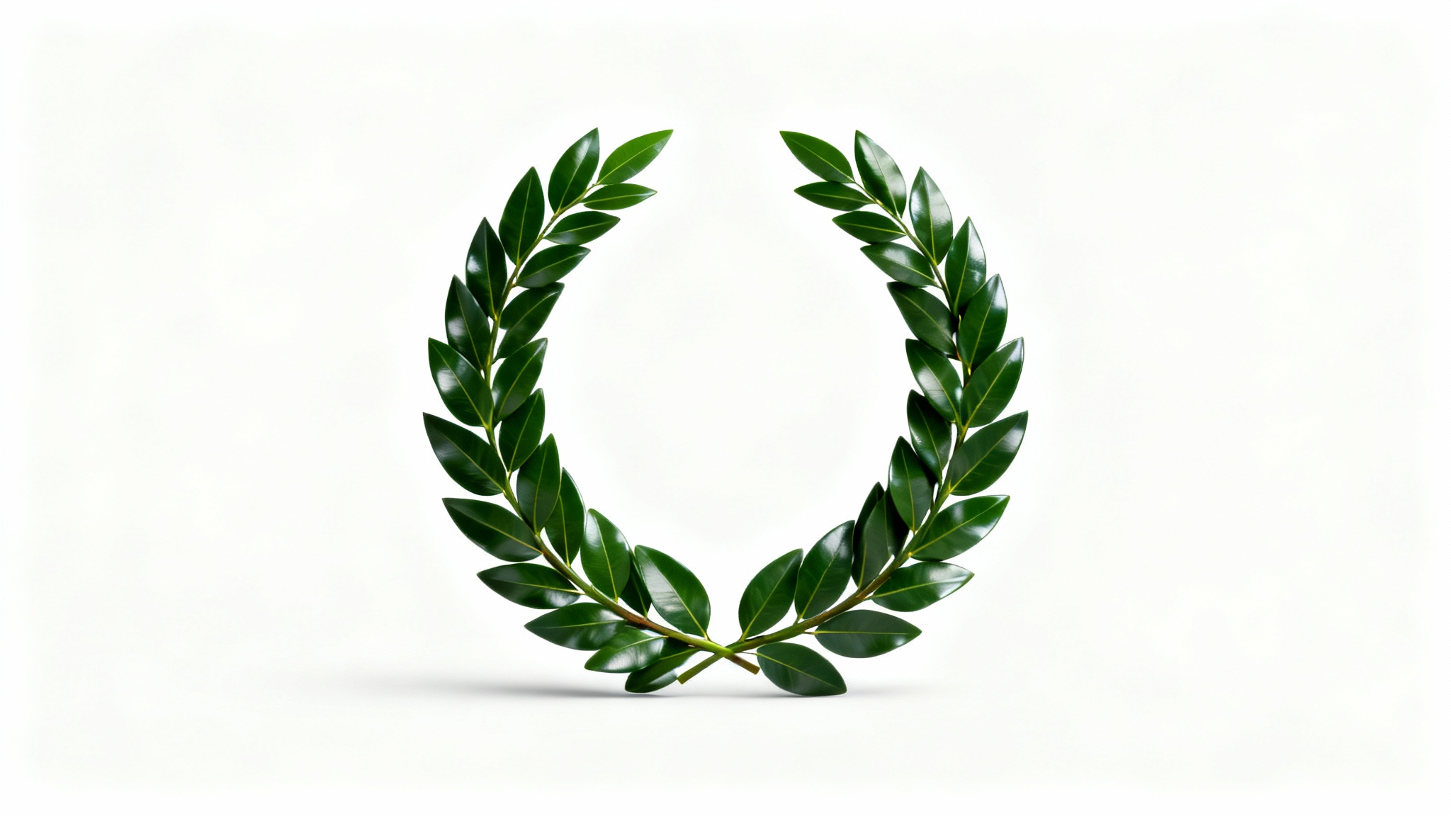A high-quality, photorealistic image of a classic green laurel wreath, perfectly centered and isolated on a clean white background.