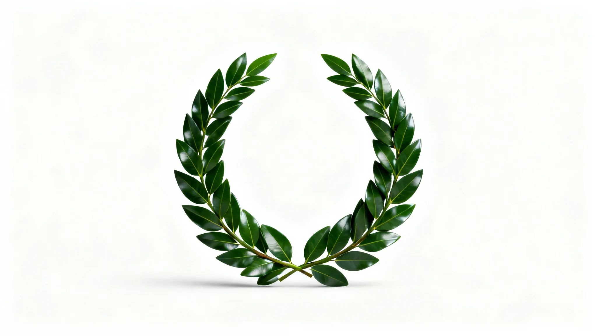A high-quality, photorealistic image of a classic green laurel wreath, perfectly centered and isolated on a clean white background.