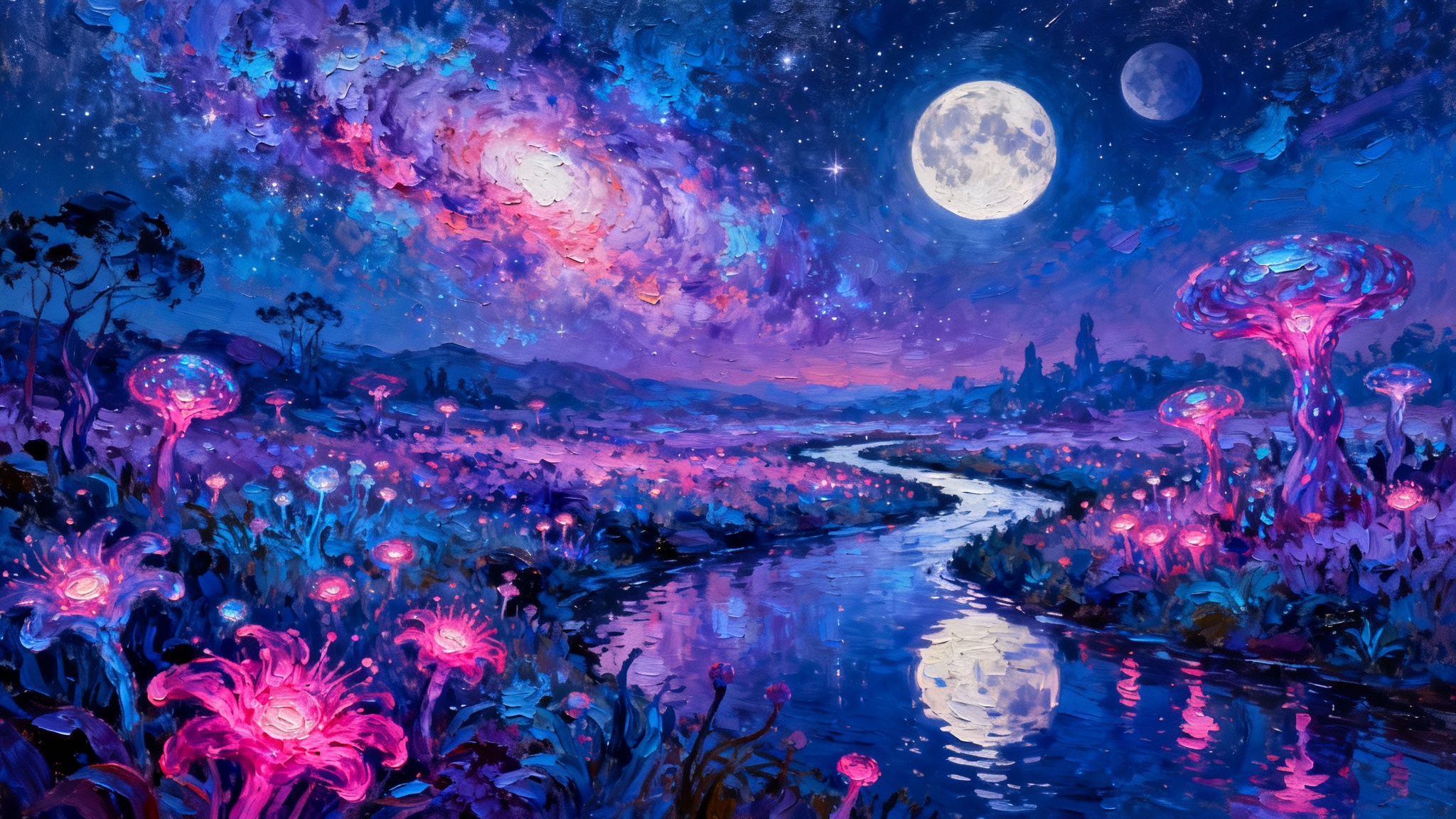 A vibrant digital painting of a surreal landscape, showing a field of glowing flowers and a winding river under a twilight sky with a nebula and two moons, created in an artistic, painterly style.
