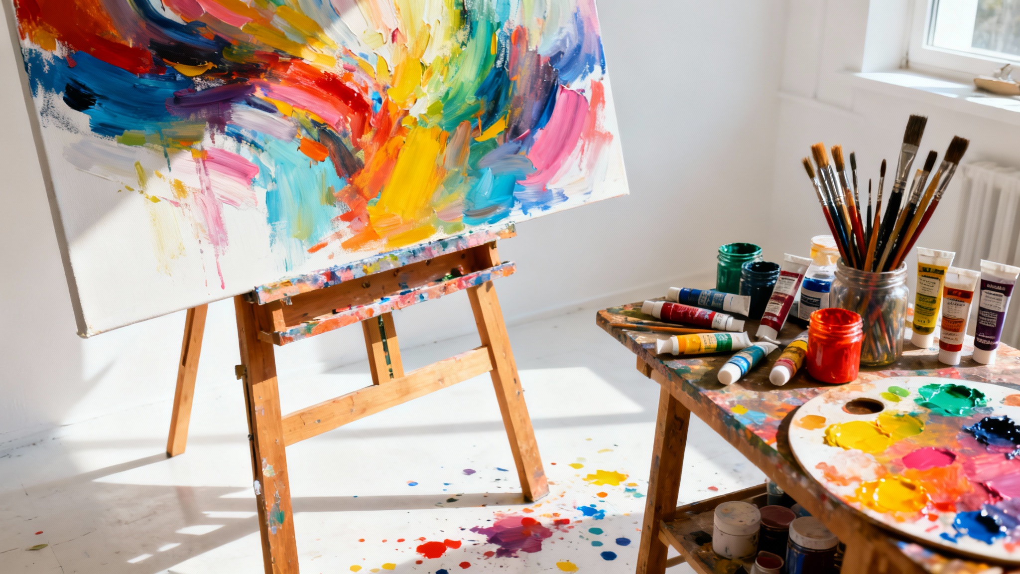 A brightly lit artist's studio featuring a large abstract painting on an easel, surrounded by an array of paints and brushes on a workbench, all set against a clean white background.