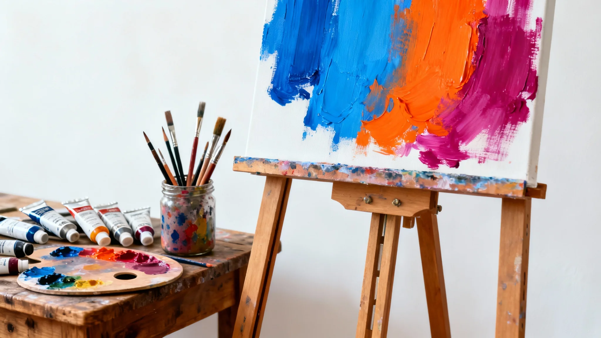 A photorealistic mockup of a bright artist's studio, featuring an easel with a colorful abstract painting and a work table with various art supplies, all on a clean white background.