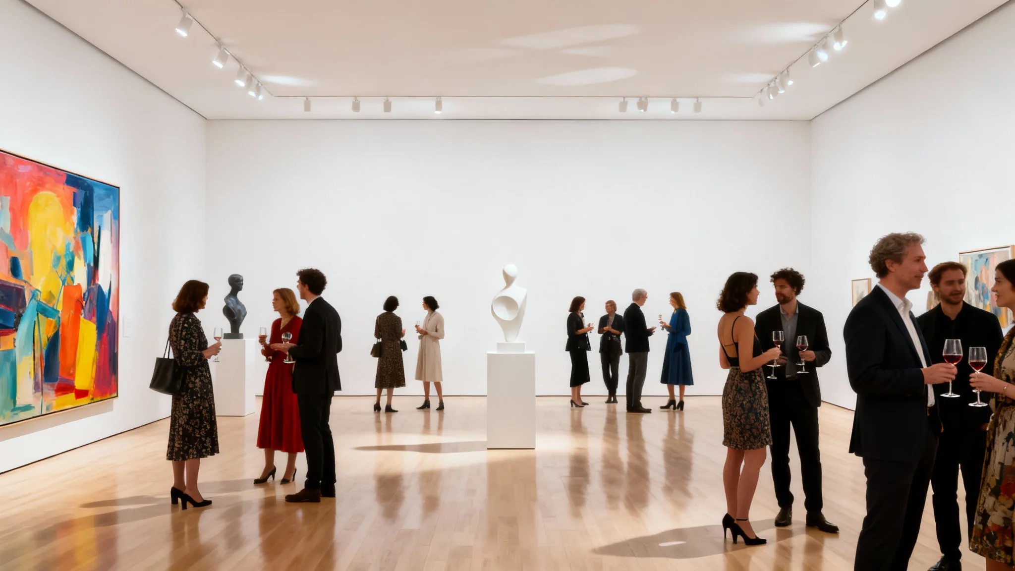 A vibrant art gallery opening with stylish attendees admiring modern abstract paintings and sculptures in a bright, minimalist space with white walls.